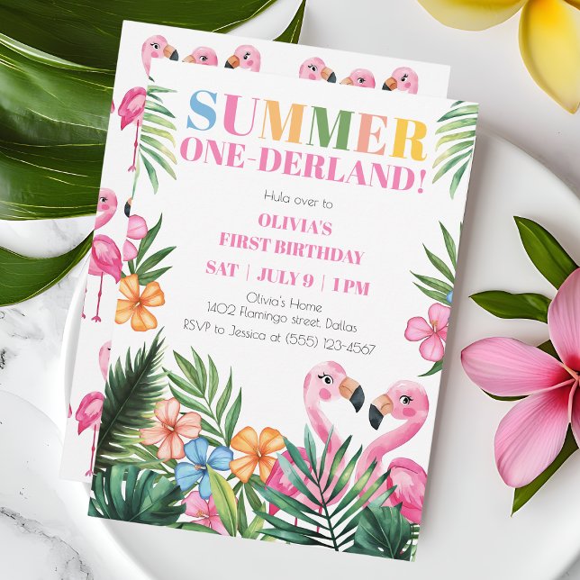 Rosa Flamingo Onederland Sommar 1-års Födelsedagsf Inbjudningar (Pink Flamingo Onederland Summer 1st Birthday Party Invitation)