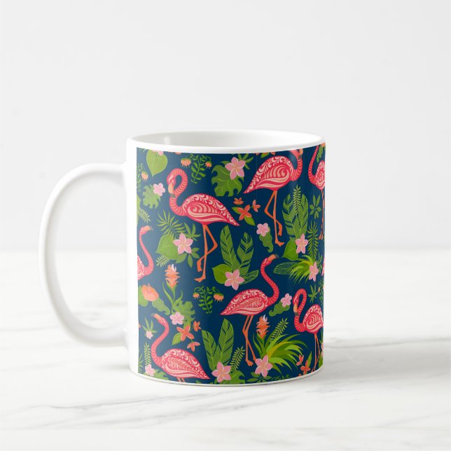 Rosa flamingo-ornament på en stripe-turkos bakåt kaffemugg (Vänster)