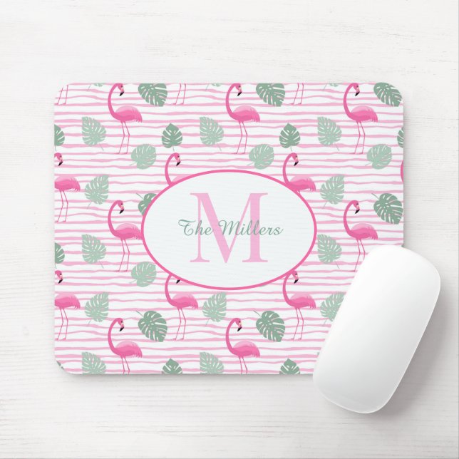 Rosa Flamingo Oval Initial Monogram, Personlig Musmatta (Med mus)