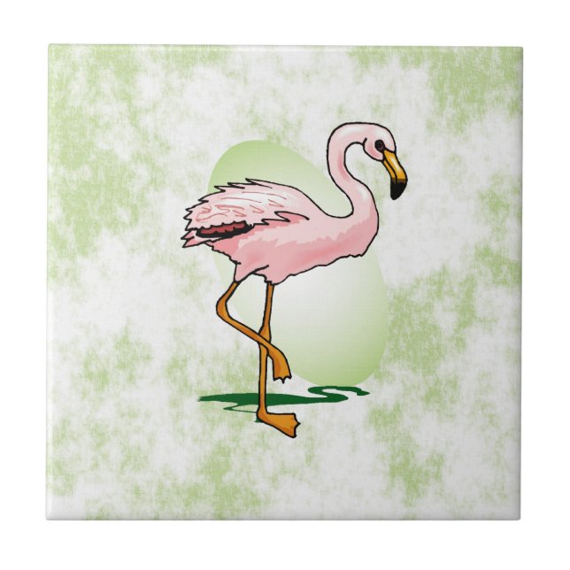 Rosa Flamingo på bleken - grön bakgrund Kakelplatta (Framsidan)