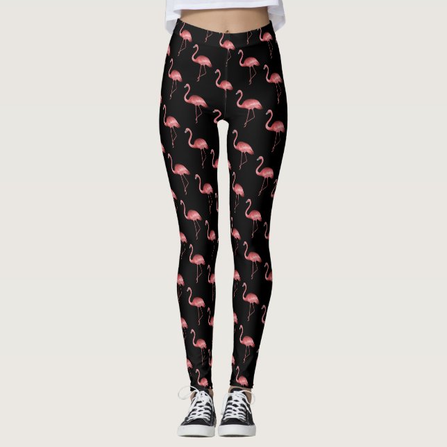 Rosa flamingo på en svart bakgrund leggings (Framsida)