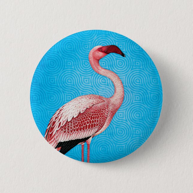 Rosa Flamingo på Retro blåttmönster Knapp (Framsida)
