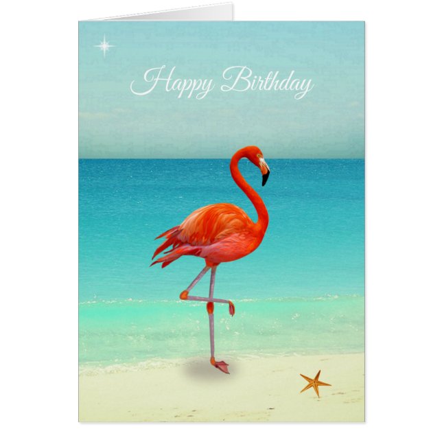 Rosa flamingo på strand födelsedagskort hälsningskort (Framsidan)
