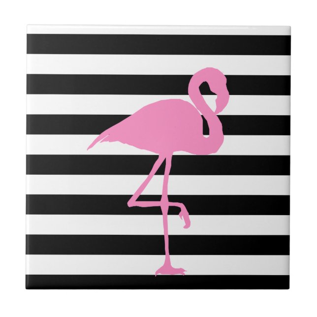 Rosa Flamingo på svartvita randar Kakelplatta (Framsidan)