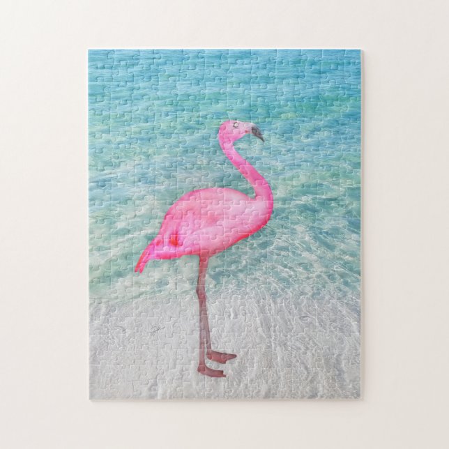 Rosa Flamingo på Tropical Beach Pussel (Vertikal)