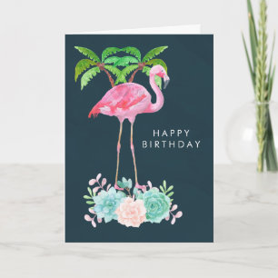 Rosa Flamingo Palmträd och Sukkulenter Födelsedag Kort
