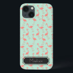 Rosa Flamingo Pattern | Lägg till ditt namn<br><div class="desc">Det här är en teckning av en flamingofågel som gjordes till ett mönster. Bakgrunden är en söt mynta färg. Det finns en ram i designen där du kan skriva ut ditt namn.</div>