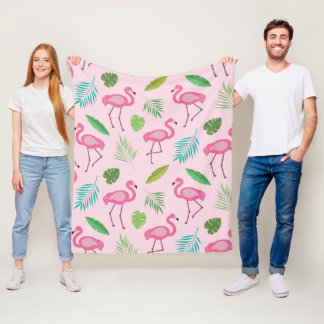 Rosa Flamingo Pattern med Tropical löv Fleecefilt