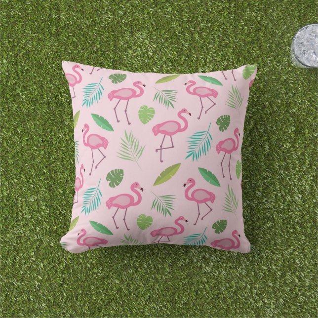 Rosa Flamingo Pattern med Tropical löv Kudde (Gräs)