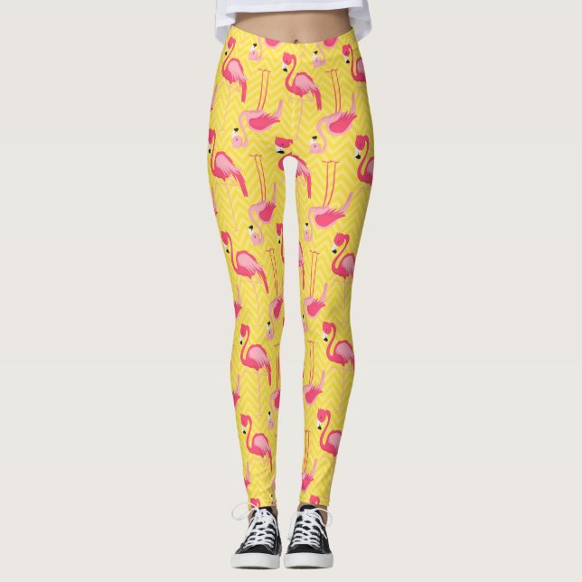 Rosa Flamingo Pattern på Gult Girly Leggings (Framsida)