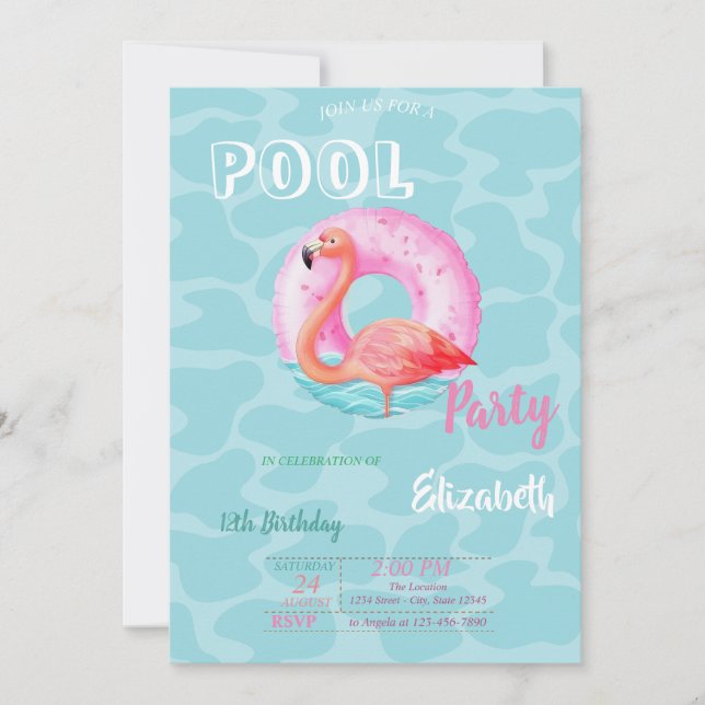 Rosa flamingo pool flyter sommarfödelsedagsfest inbjudningar (Framsida)