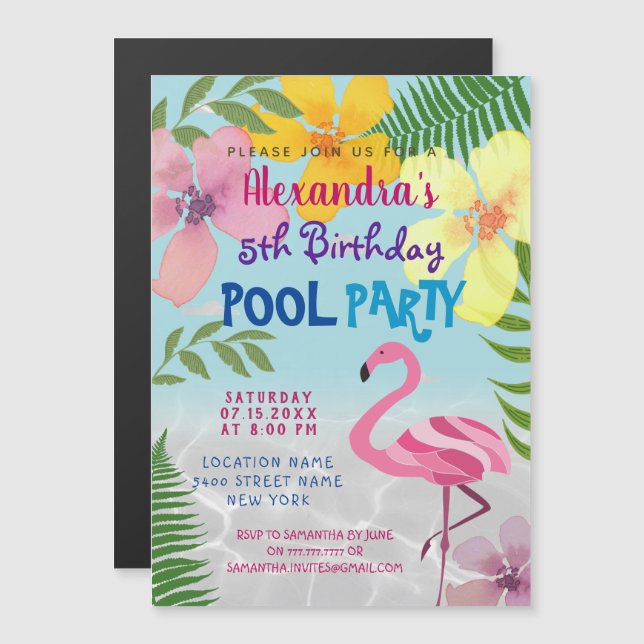 Rosa Flamingo Poolparty Födelsedag Magnetisk Inbjudningskort (Fram/baksida)