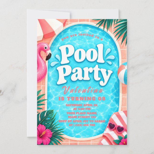 Rosa Flamingo Poolparty Inbjudan (Framsida)