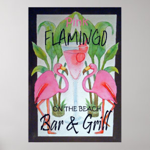 Rosa Flamingo Pub & Grill Beach Poster vattenfärg
