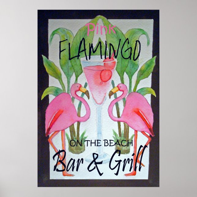 Rosa Flamingo Pub & Grill Beach Poster vattenfärg (Framsidan)