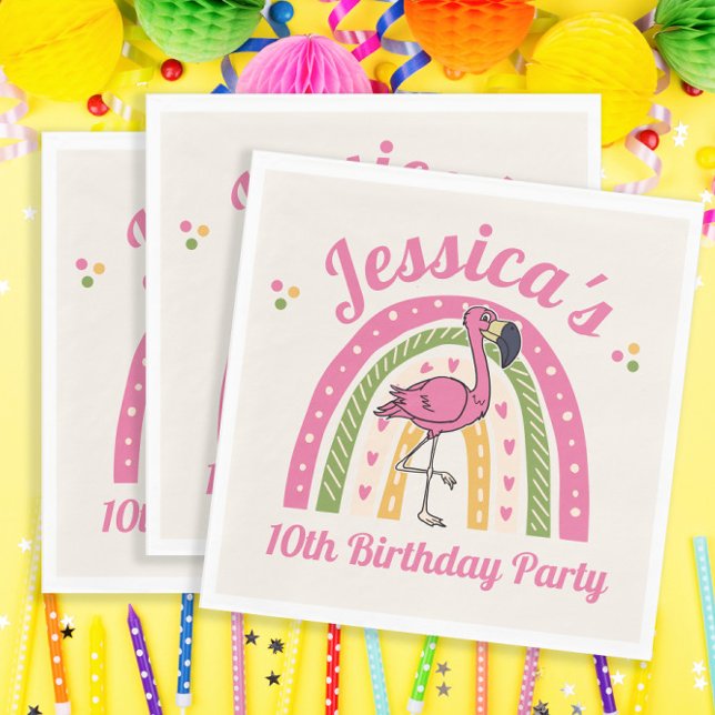 Rosa Flamingo Rainbow Girl's Birthday Namn Date Pappersservett (Skapare uppladdad)