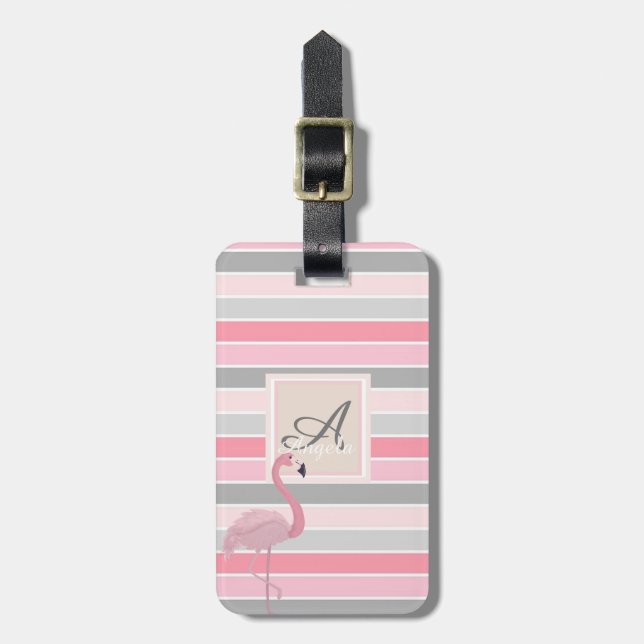 Rosa flamingo,randig  Monogram-personlig Bagagebricka (Vertikal Framsida)
