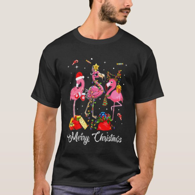 Rosa Flamingo Reindeer Santa Hat Funny Merry Chris T Shirt (Framsida)