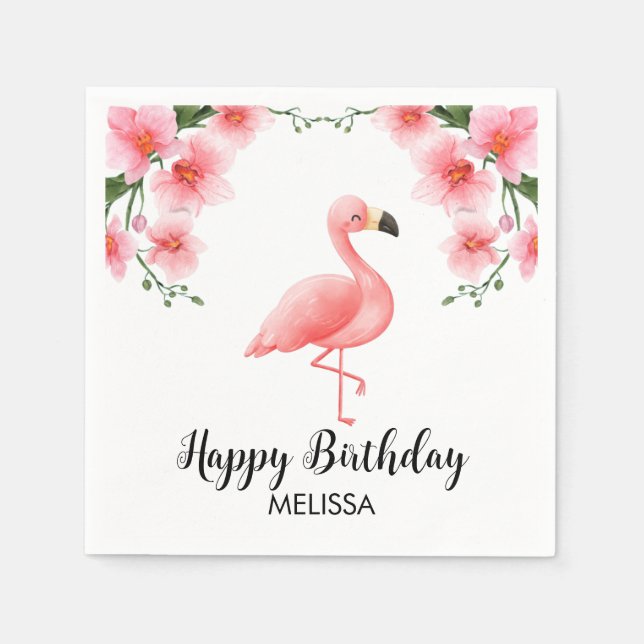 Rosa Flamingo Rosa Orkidé Födelsedag Pappersservett (Framsidan)