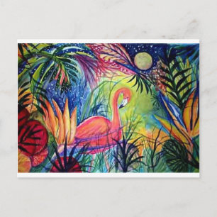 Rosa Flamingo Sanibel Midnight Watercolor Painting Vykort