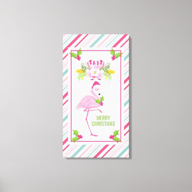 Rosa Flamingo Santa Hat Polkagrisar och Holly Canvastryck (Framsida)