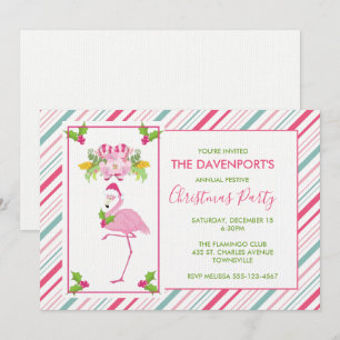Rosa Flamingo Santa Hat Polkagrisar och Holly Inbjudningar