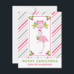 Rosa Flamingo Santa Hat Polkagrisar och Holly Julkort<br><div class="desc">Ett festligt julklapp helgdag-platta stil. En rosa och grönt candy cane har stridit bakgrunden. Överst är en flamingo i finare rosa med ett ben upphöjt. Med en rosa-tomhatt och lite säsong holly. Holly med bär dekorerar också hörnen. En blommigt bukett ovanför hennes huvud med polkagrisar korsade ihop. Personlig på baksidan....</div>