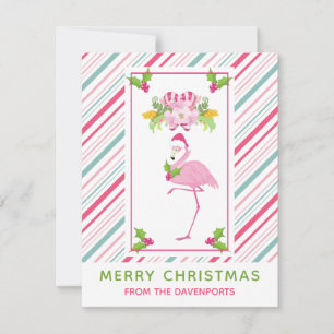 Rosa Flamingo Santa Hat Polkagrisar och Holly Julkort