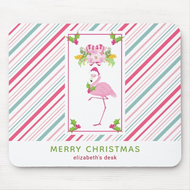 Rosa Flamingo Santa Hat Polkagrisar och Holly Musmatta (Framsidan)