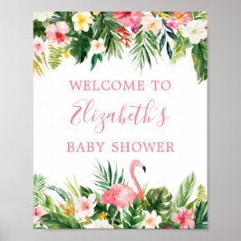 Rosa Flamingo Shower för vattenfärgstropisk Blommi Poster