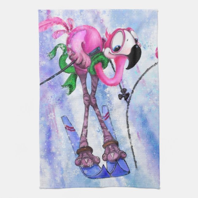 Rosa Flamingo Skier Kitchen Towel - Roligt Paintin Kökshandduk (Vertikal)