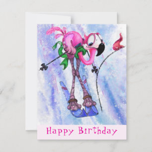 Rosa Flamingo Skier - Tecknad Julkort