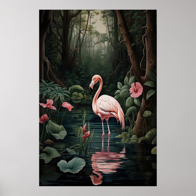 Rosa Flamingo Skogsflodsutskrift, Tropisk Poster (Framsidan)