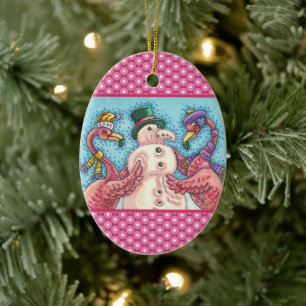 ROSA FLAMINGO SNÖGUBBE, FUNNY CHRISTMAS SNÖ BIRD JULGRANSPRYDNAD KERAMIK