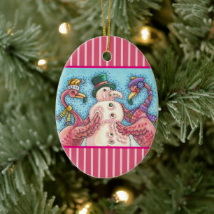 ROSA FLAMINGO SNÖMAN, ROLIG JULFUGLAR JULGRANSPRYDNAD KERAMIK