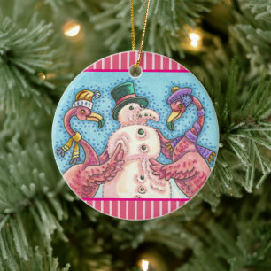 ROSA FLAMINGO SNÖMAN, ROLIGT JULFÅGEL JULGRANSPRYDNAD KERAMIK