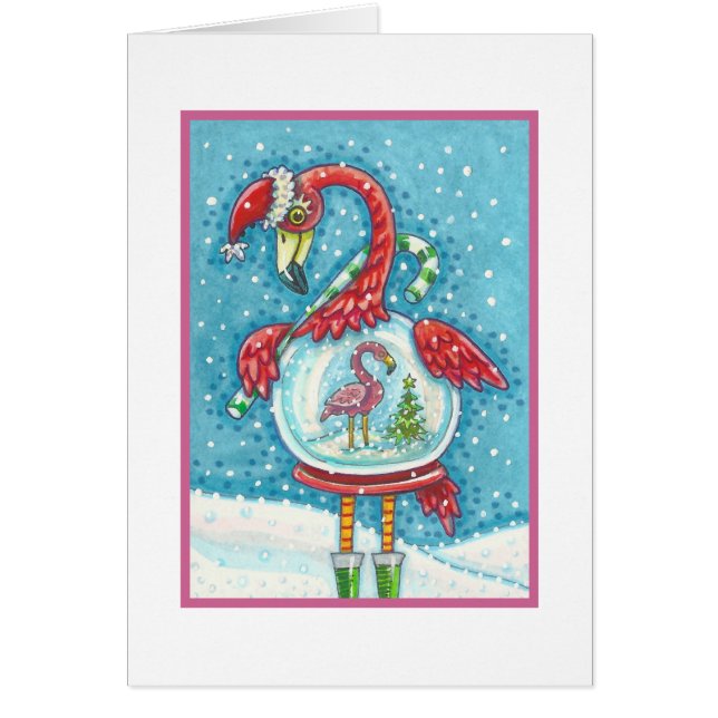 ROSA FLAMINGO SNOWGLOBE, CHRISTMAS GREETING CARD B HÄLSNINGSKORT (Framsidan)