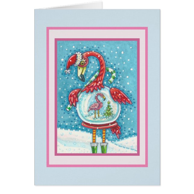 ROSA FLAMINGO SNOWGLOBE, CHRISTMAS GREETING CARD B HÄLSNINGSKORT (Framsidan)