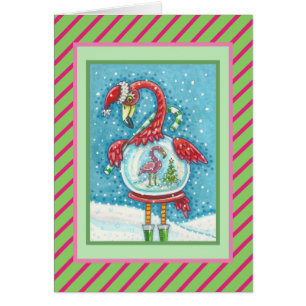 ROSA FLAMINGO SNOWGLOBE, CHRISTMAS GREETING CARD V HÄLSNINGSKORT