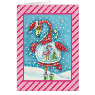 ROSA FLAMINGO SNOWGLOBE, CHRISTMAS GREETING CARD V OBS KORT