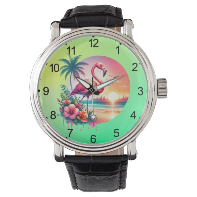Rosa Flamingo Solnedgång Clipart-93938 Armbandsur (Framsida)