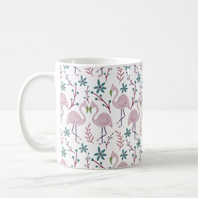 Rosa flamingo sömlös mönster på vit bakgrund kaffemugg (Vänster)