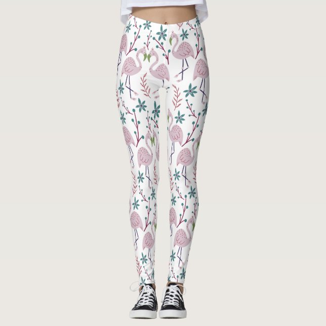 Rosa flamingo sömlös mönster på vit bakgrund leggings (Framsida)