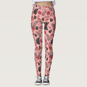 Rosa flamingo sömlösa blommor och löv från mönster leggings