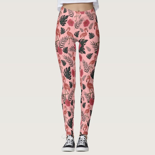 Rosa flamingo sömlösa blommor och löv från mönster leggings (Framsida)
