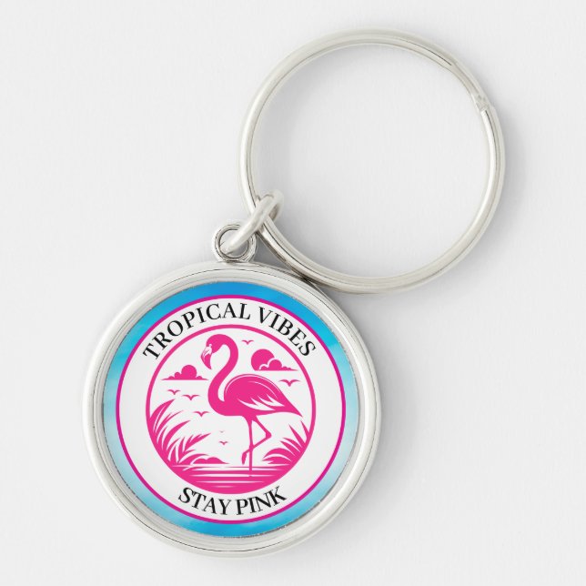 Rosa Flamingo Sommar Cirkel Design-68730 Rund Silverfärgad Nyckelring (Framsidan)