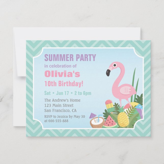 Rosa Flamingo Sommar Luau Födelsedagsfest Inbjudni Inbjudningar (Framsida)
