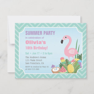 Rosa Flamingo Sommar Luau Födelsedagsfest Inbjudni Inbjudningar