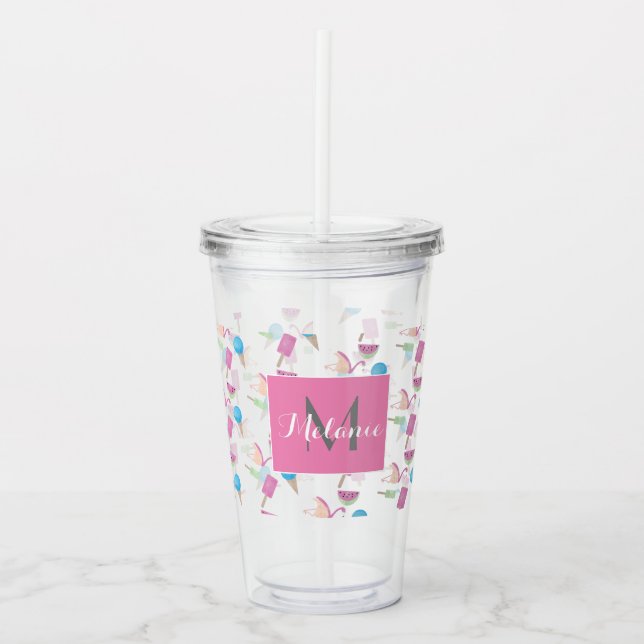 Rosa Flamingo Sommar Tropisk Monogram Anpassad Take Away Mugg (Framsida)