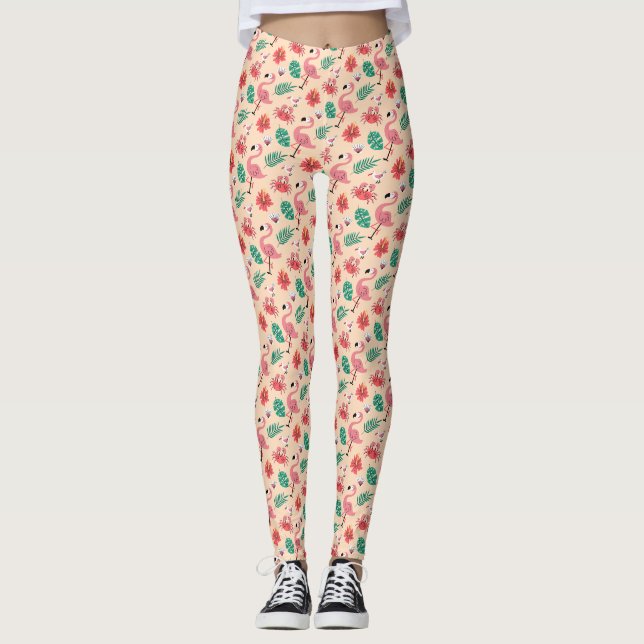 Rosa Flamingo Sommar Tropiskt Mönster Leggings (Framsida)